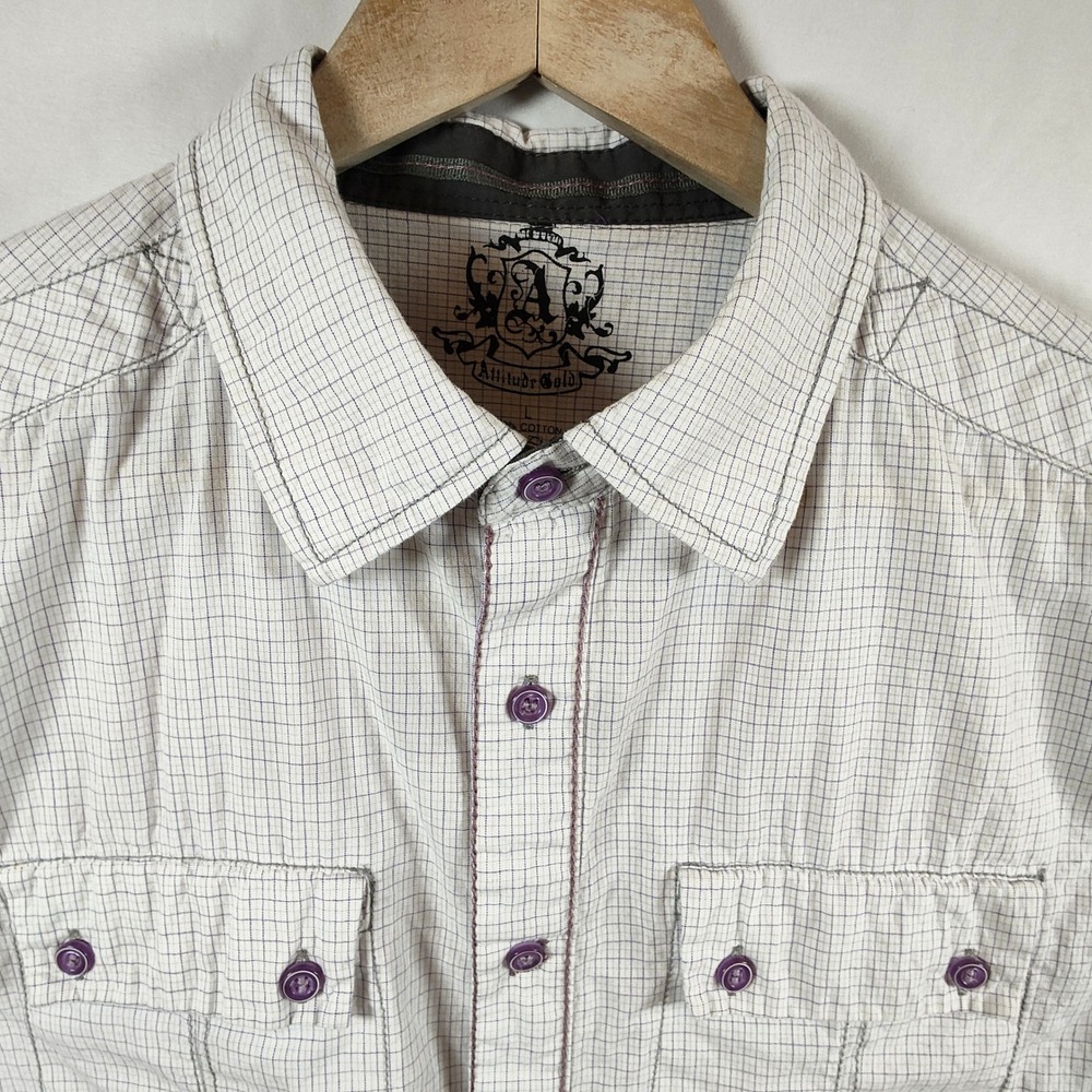 Attitude Gold Button-Up Shirt Men's Large White Purple Short Sleeve